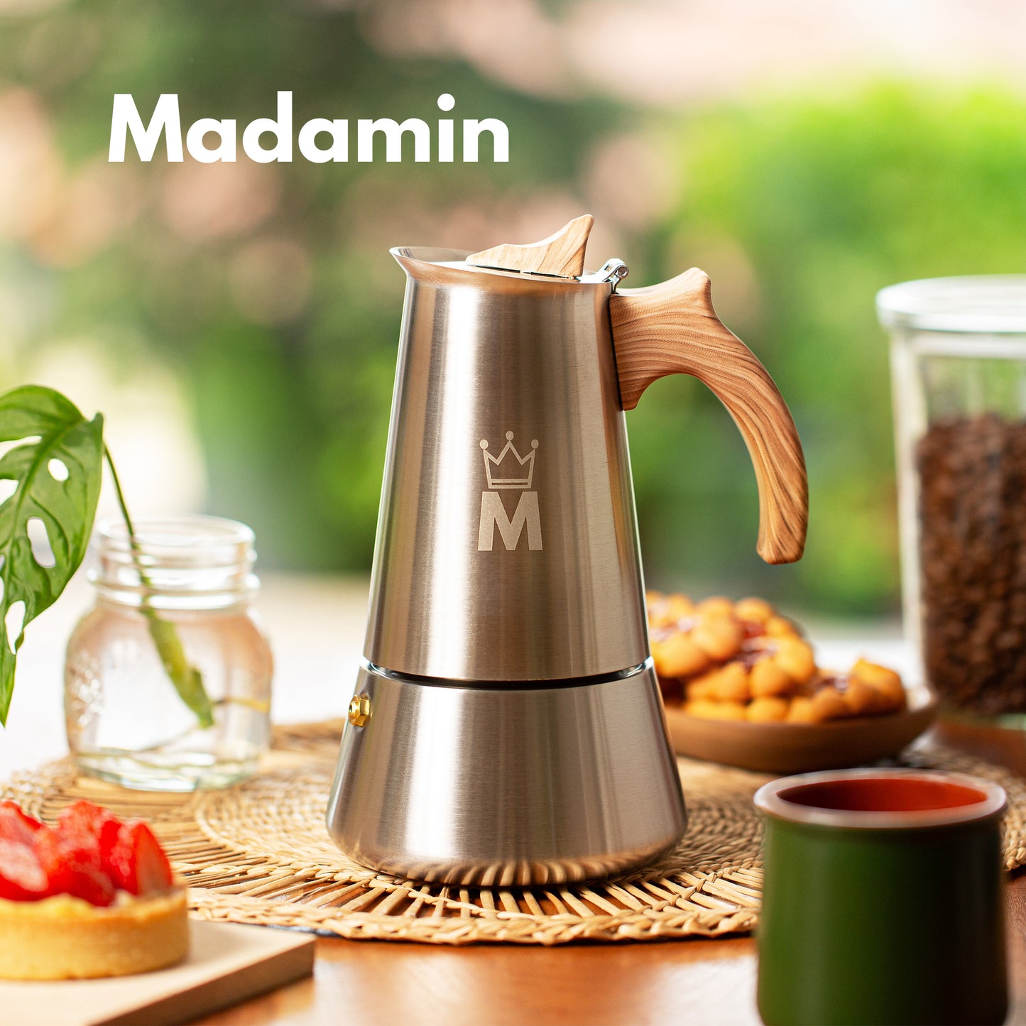 Madamin - Moka Pot for Induction, Gas or Electric Stoves - Stainless Steel - 4 Cups, Brown Handle