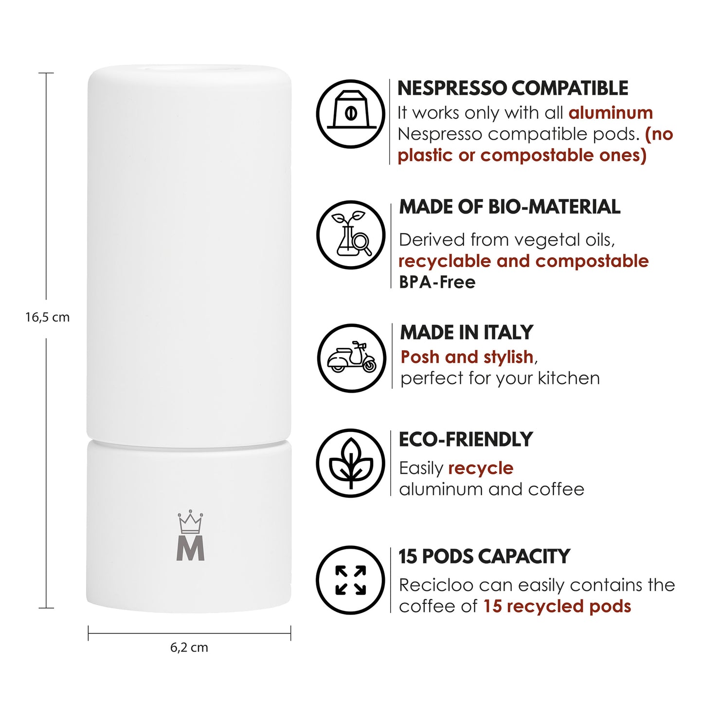 Madama Recicloo - Coffee Capsules Recycling Tool for Aluminum Nespresso Pods. Aluminum Capsule Recycler. White