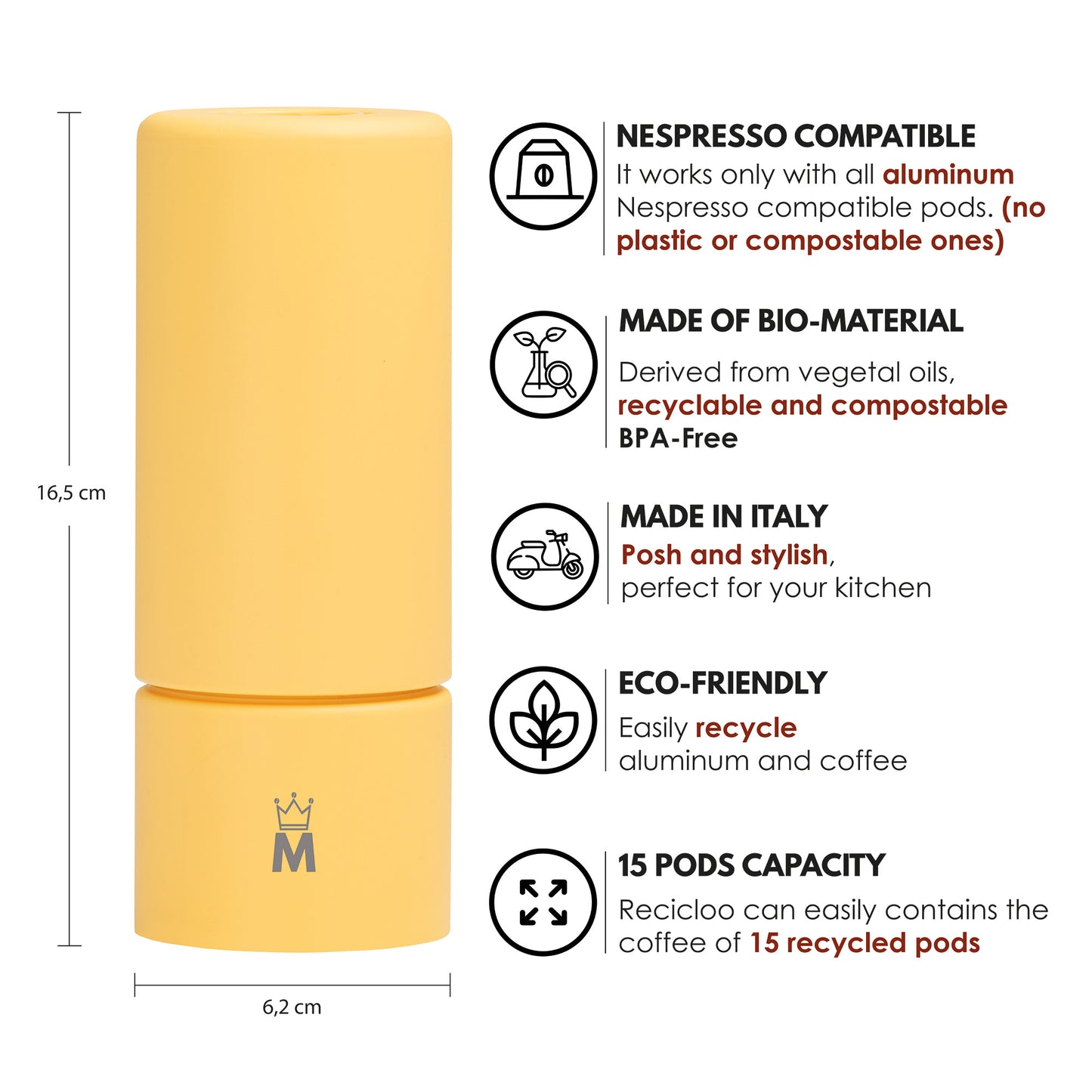 Madama Recicloo - Coffee Capsules Recycling Tool for Aluminum Nespresso Pods. Aluminum Capsule Recycler. Yellow
