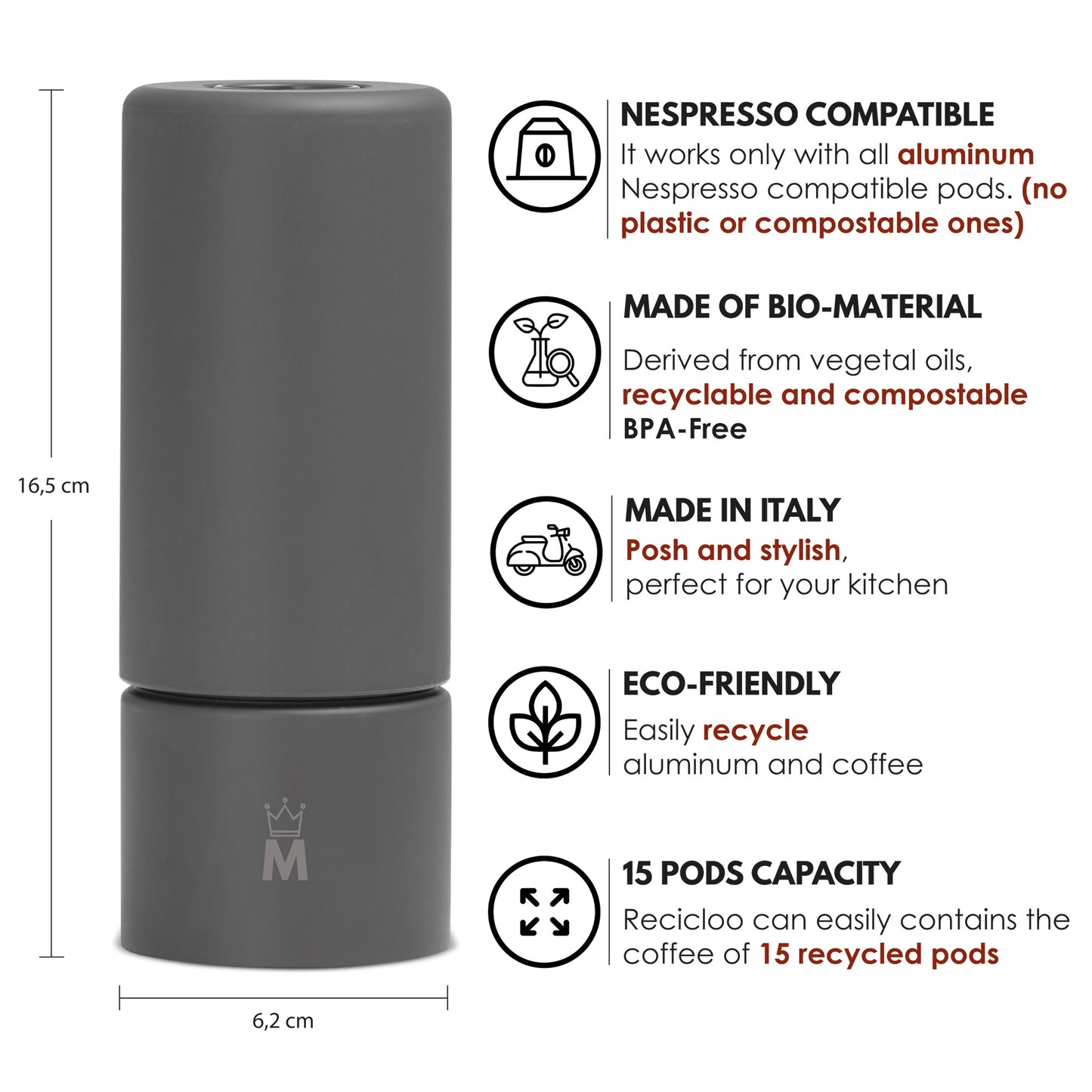 Madama Recicloo - Coffee Capsules Recycling Tool for Aluminum Nespresso Pods. Aluminum Capsule Recycler. Grey