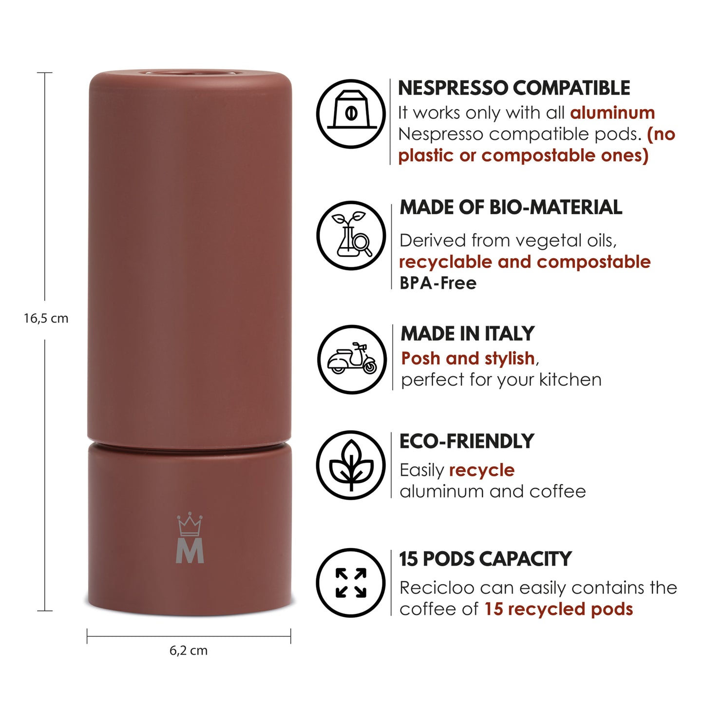 Madama Recicloo - Coffee Capsules Recycling Tool for Aluminum Nespresso Pods. Aluminum Capsule Recycler. Red