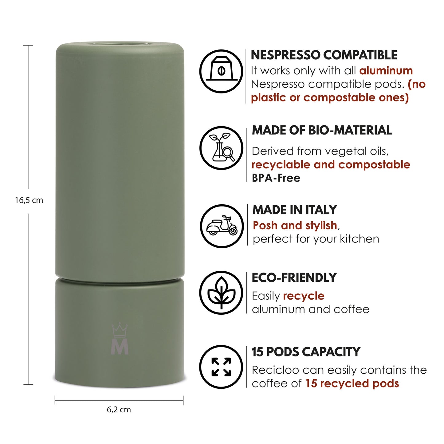Madama Recicloo - Coffee Capsules Recycling Tool for Aluminum Nespresso Pods. Aluminum Capsule Recycler. Green