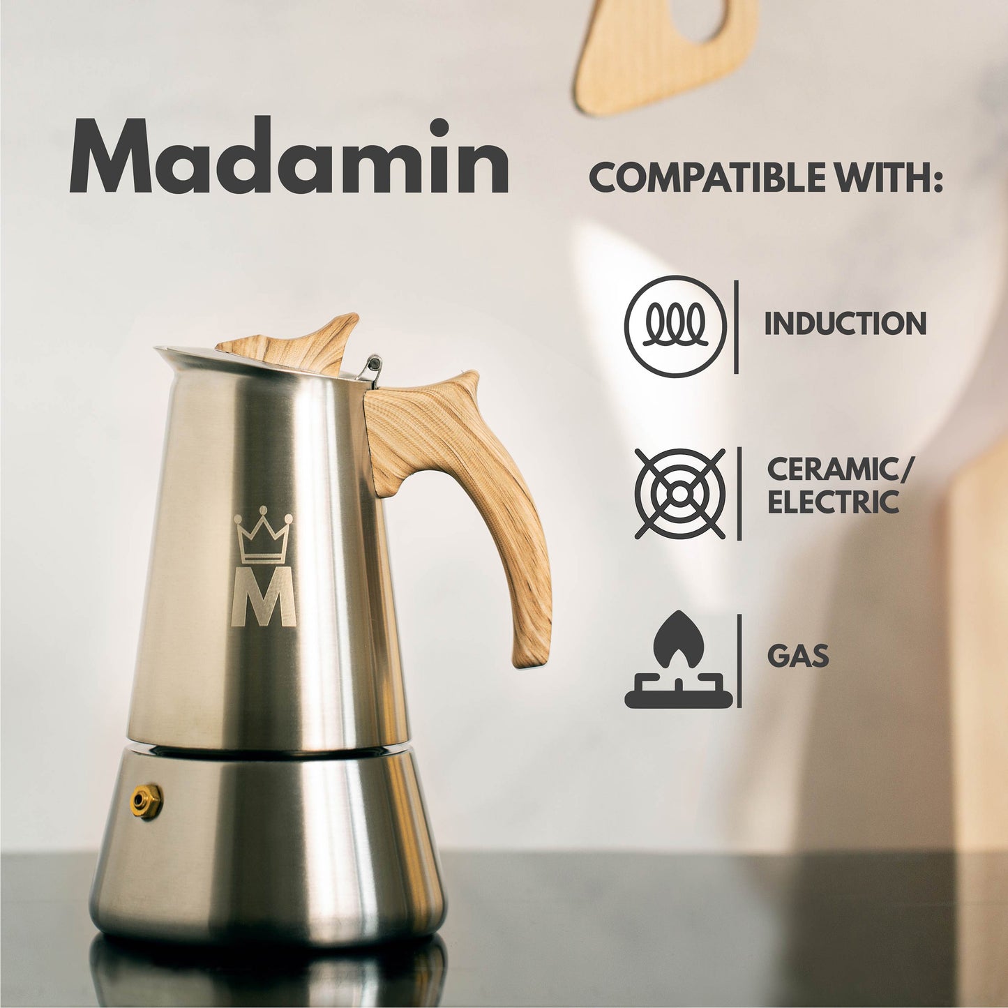 Madamin - Moka Pot for Induction, Gas or Electric Stoves - Stainless Steel - 4 Cups, Brown Handle