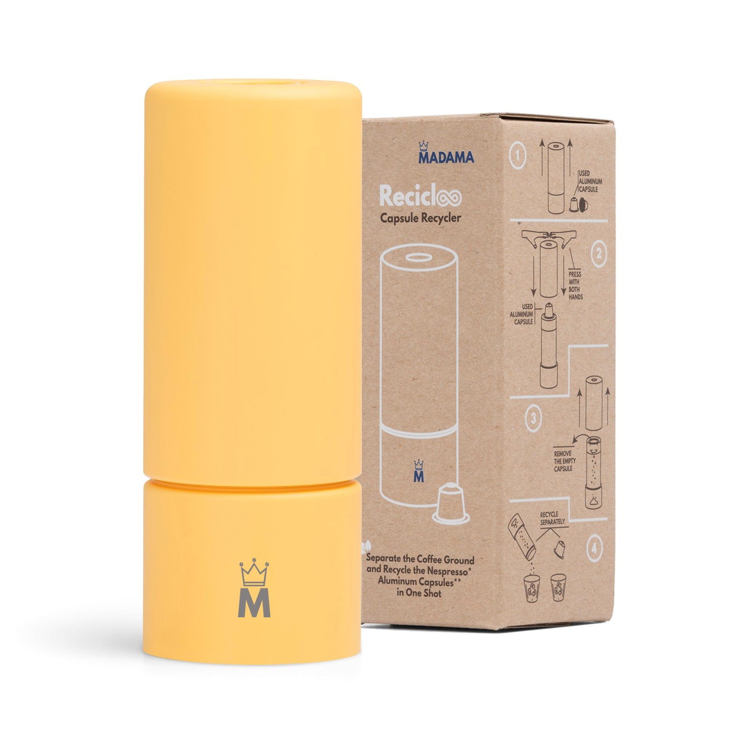 Madama Recicloo - Coffee Capsules Recycling Tool for Aluminum Nespresso Pods. Aluminum Capsule Recycler. Yellow