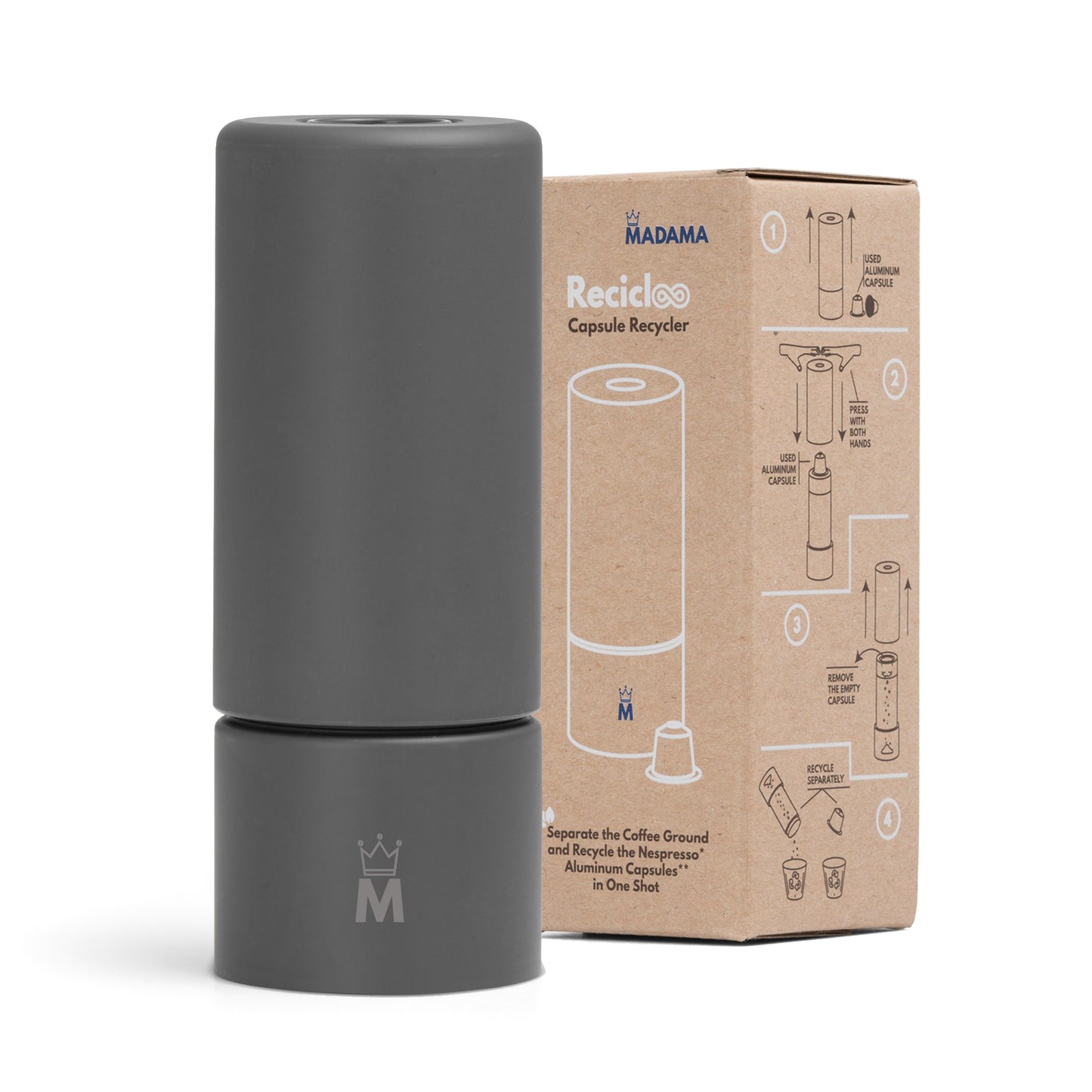Madama Recicloo - Coffee Capsules Recycling Tool for Aluminum Nespresso Pods. Aluminum Capsule Recycler. Grey