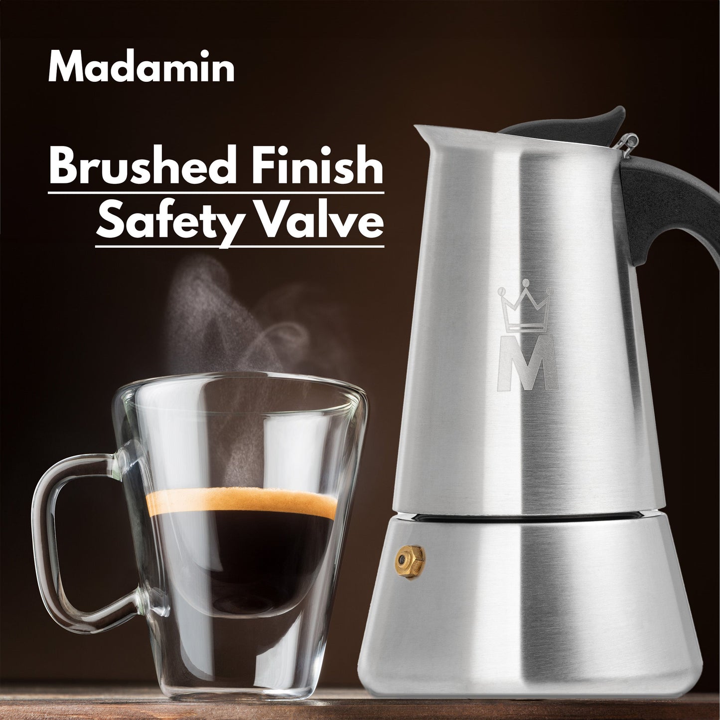 Madamin - Moka Pot for Induction, Gas or Electric Stoves - Stainless Steel - 6 Cups, Black Handle