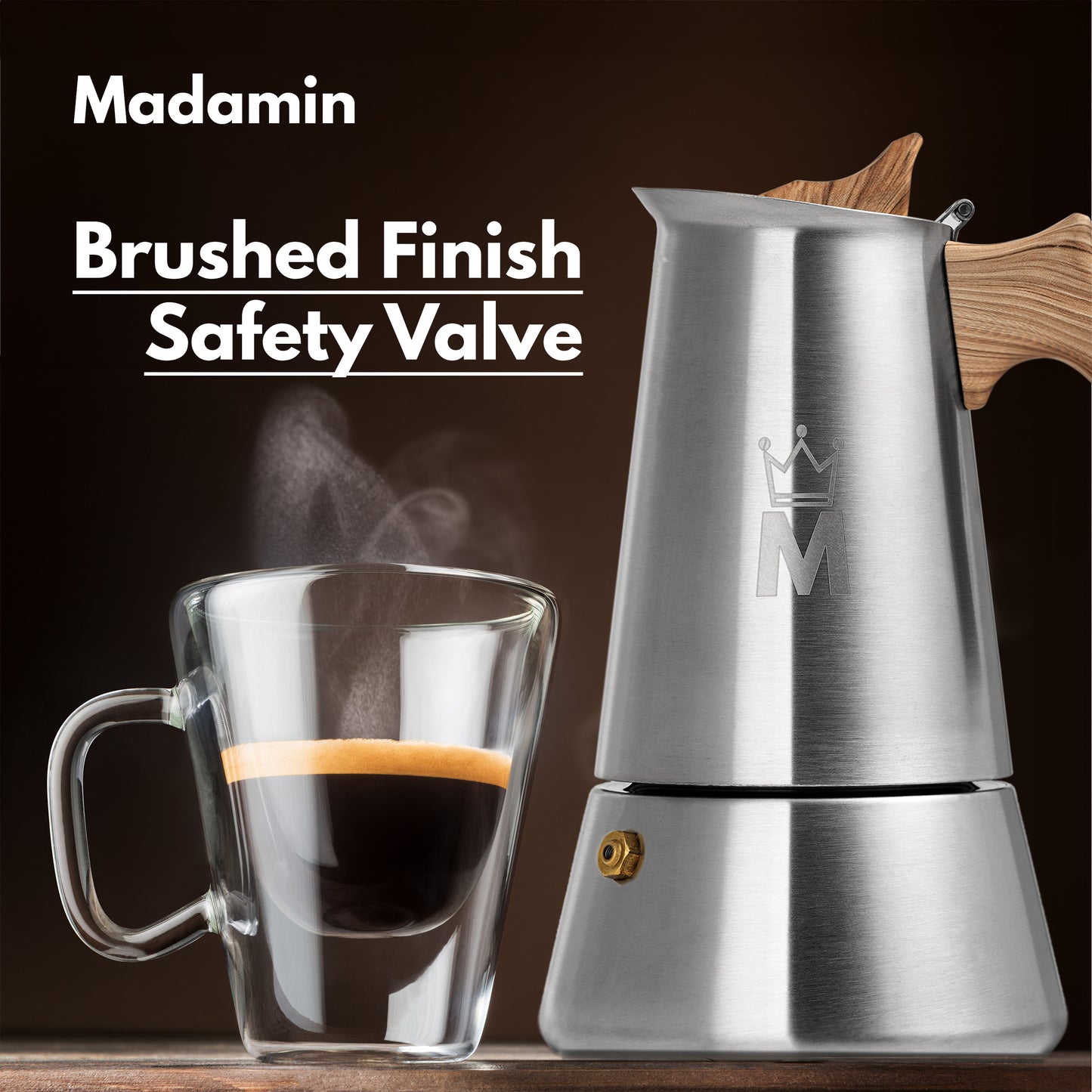 Madamin - Moka Pot for Induction, Gas or Electric Stoves - Stainless Steel - 4 Cups, Brown Handle