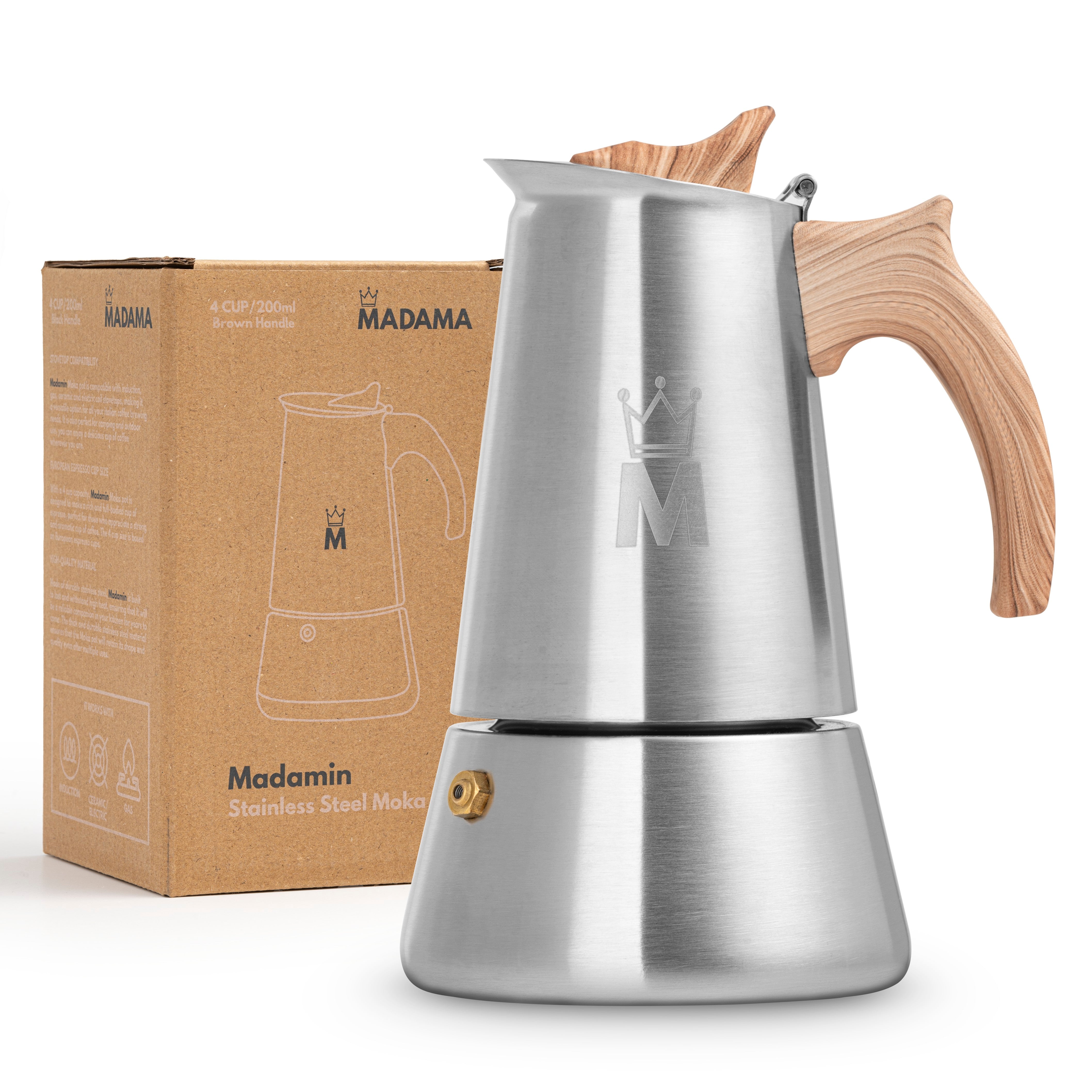 Madamin Moka Pot for Induction Gas or Electric Stoves Stainless Steel 4 Cups Brown Handle