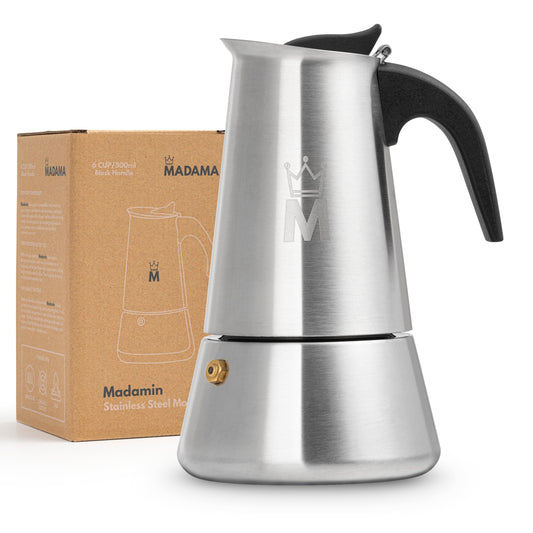 Madamin - Moka Pot for Induction, Gas or Electric Stoves - Stainless Steel - 6 Cups, Black Handle