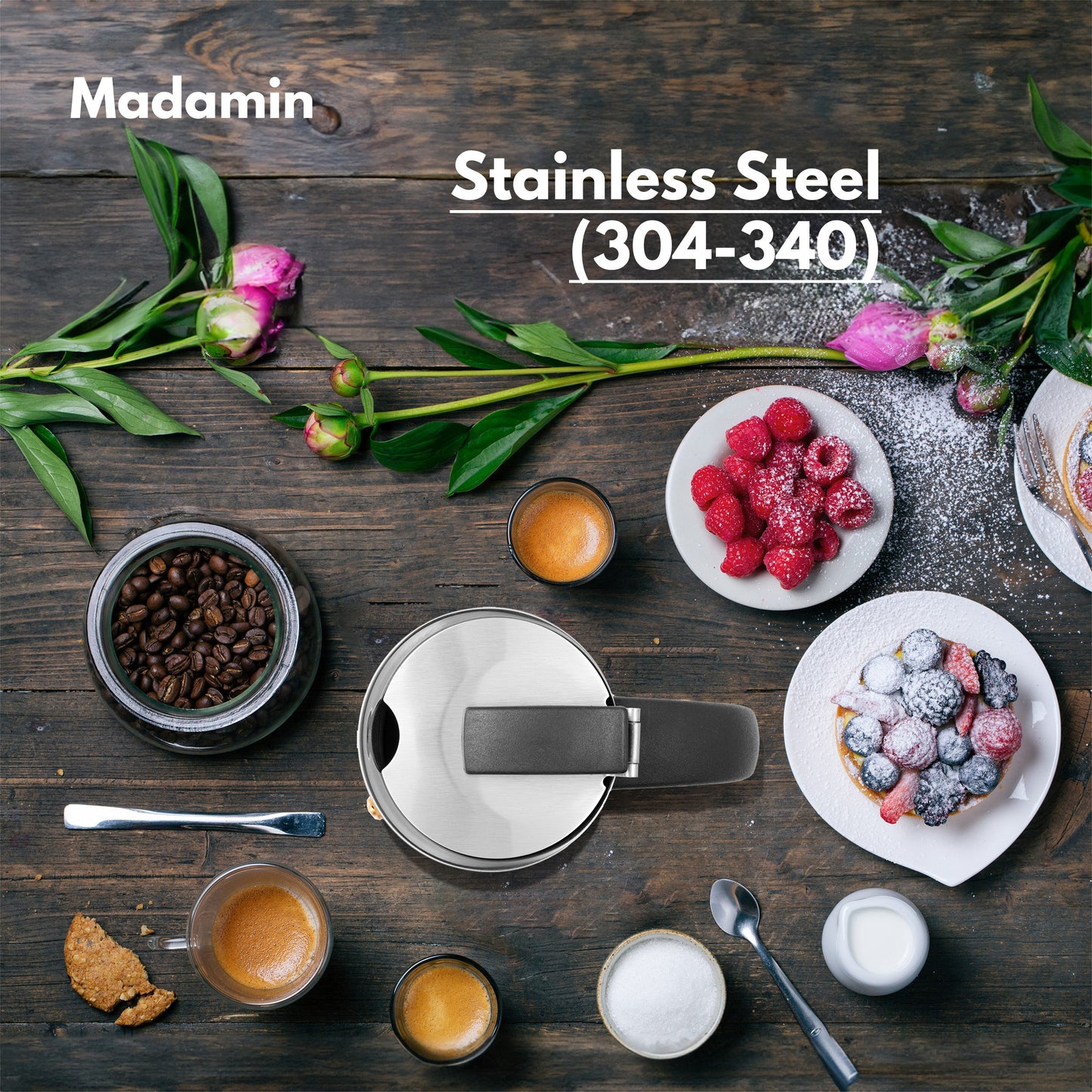 Madamin - Moka Pot for Induction, Gas or Electric Stoves - Stainless Steel - 6 Cups, Black Handle