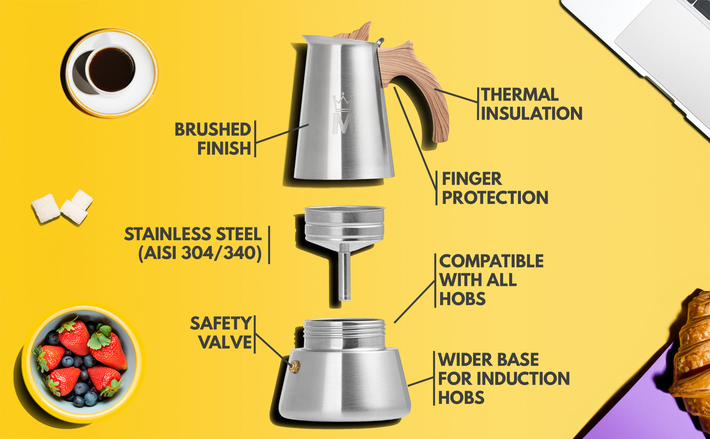 Madamin - Moka Pot for Induction, Gas or Electric Stoves - Stainless Steel - 4 Cups, Brown Handle