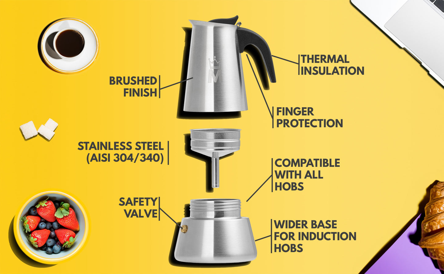 Madamin - Moka Pot for Induction, Gas or Electric Stoves - Stainless Steel - 6 Cups, Black Handle