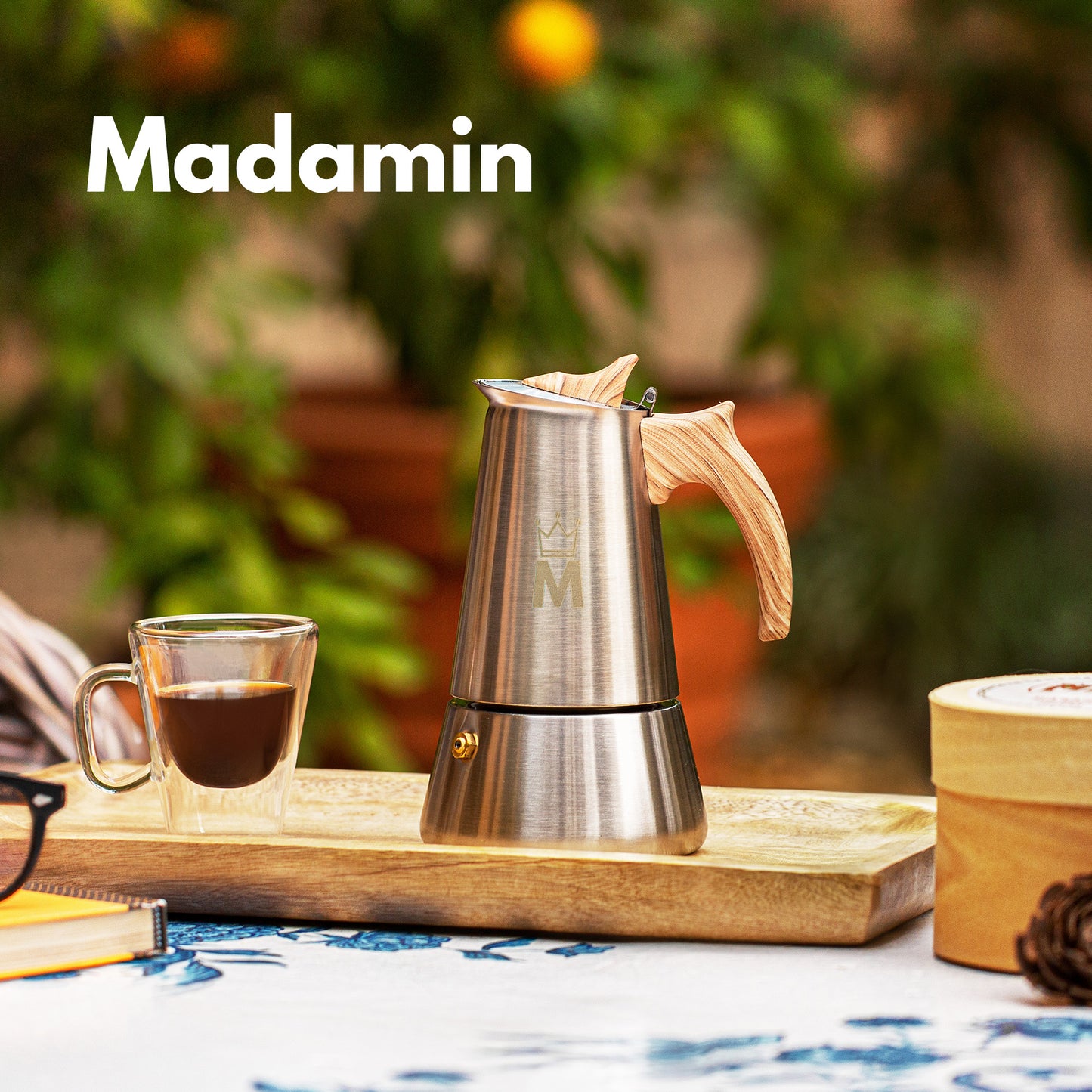 Madamin - Moka Pot for Induction, Gas or Electric Stoves - Stainless Steel - 4 Cups, Brown Handle