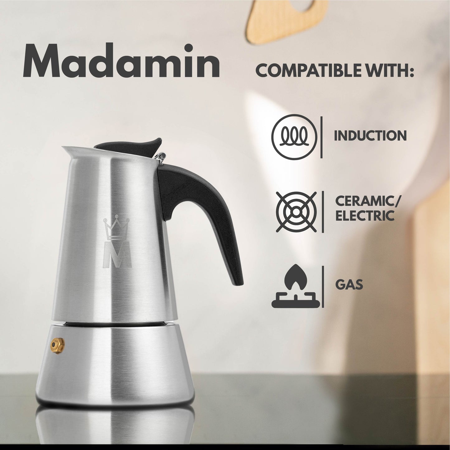 Madamin - Moka Pot for Induction, Gas or Electric Stoves - Stainless Steel - 6 Cups, Black Handle