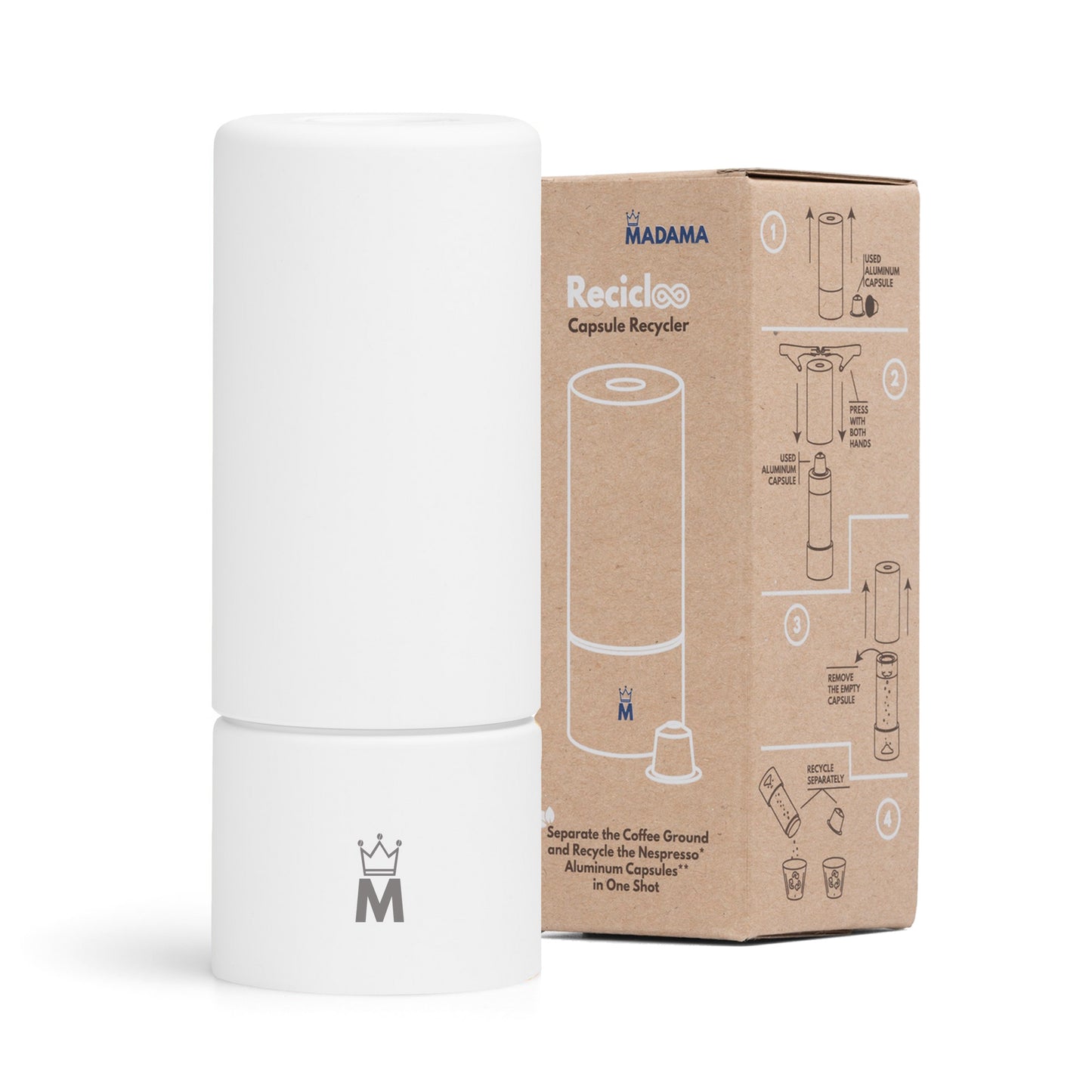 Madama Recicloo - Coffee Capsules Recycling Tool for Aluminum Nespresso Pods. Aluminum Capsule Recycler. White