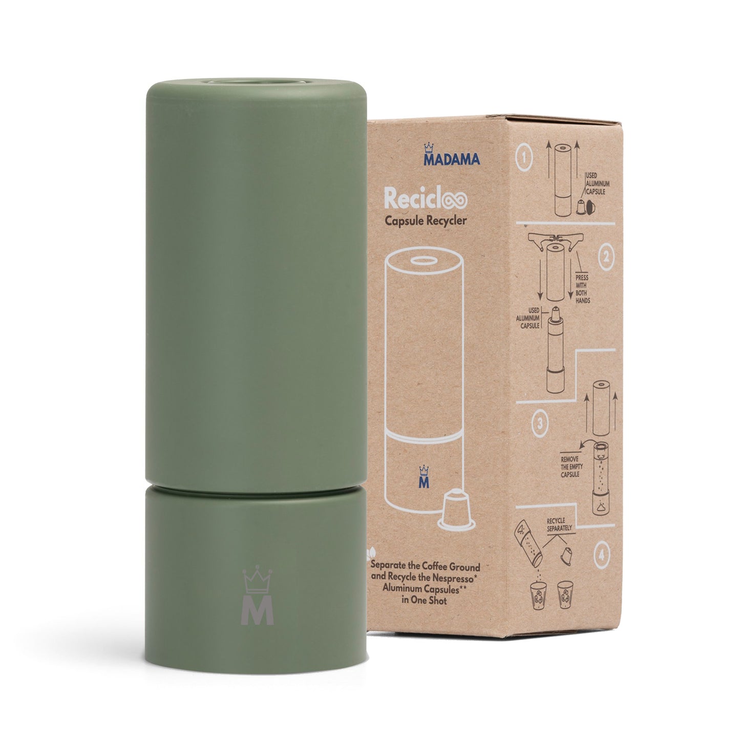 Madama Recicloo - Coffee Capsules Recycling Tool for Aluminum Nespresso Pods. Aluminum Capsule Recycler. Green