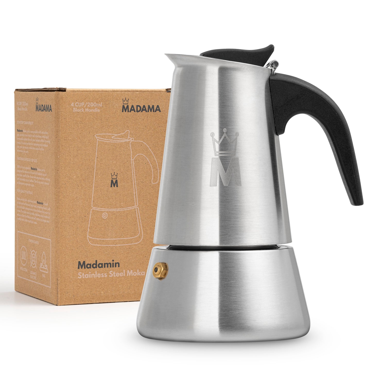 Madamin - Moka Pot for Induction, Gas or Electric Stoves - Stainless Steel - 4 Cups, Black Handle