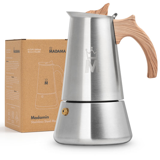 Madamin - Moka Pot for Induction, Gas or Electric Stoves - Stainless Steel - 6 Cups, Brown Handle