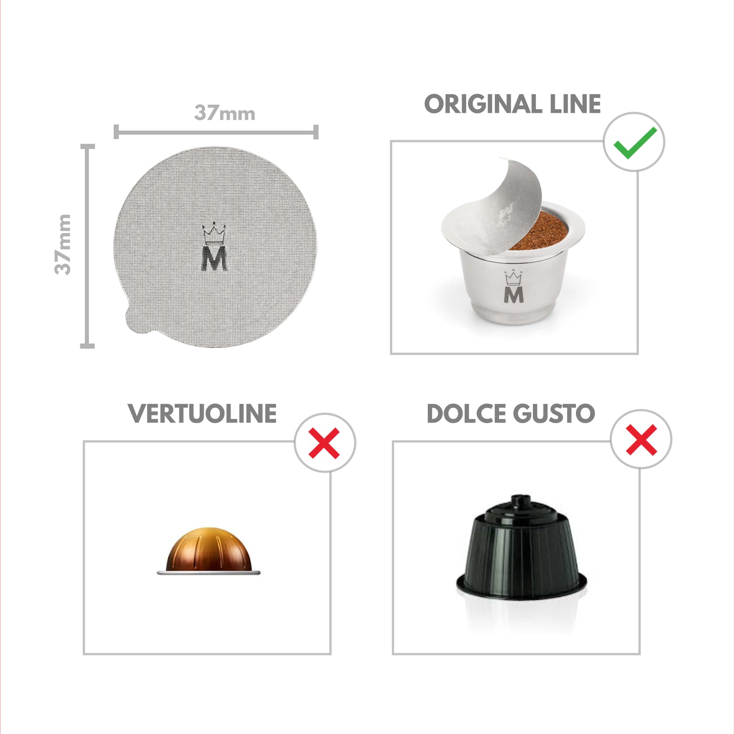 4 Refillable Coffee Pods Compatible with Nespresso - 200 Aluminum Lids